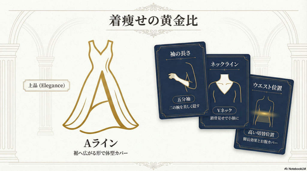 二の腕とお腹周りを自然に隠す！着痩せを叶える「袖あり・Aライン」デザインの法則
