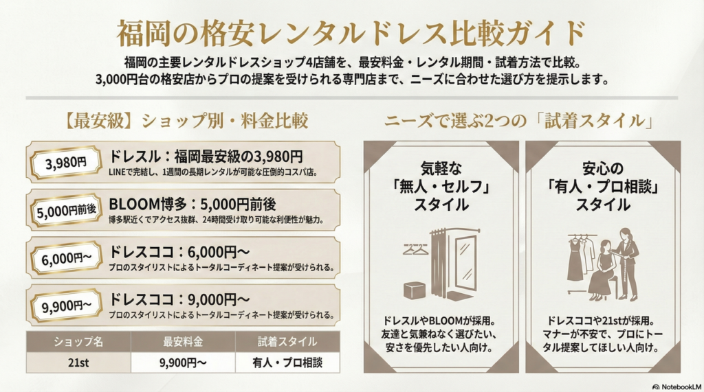 【料金比較表】福岡の主要レンタルドレスショップの最安プランと特徴一覧