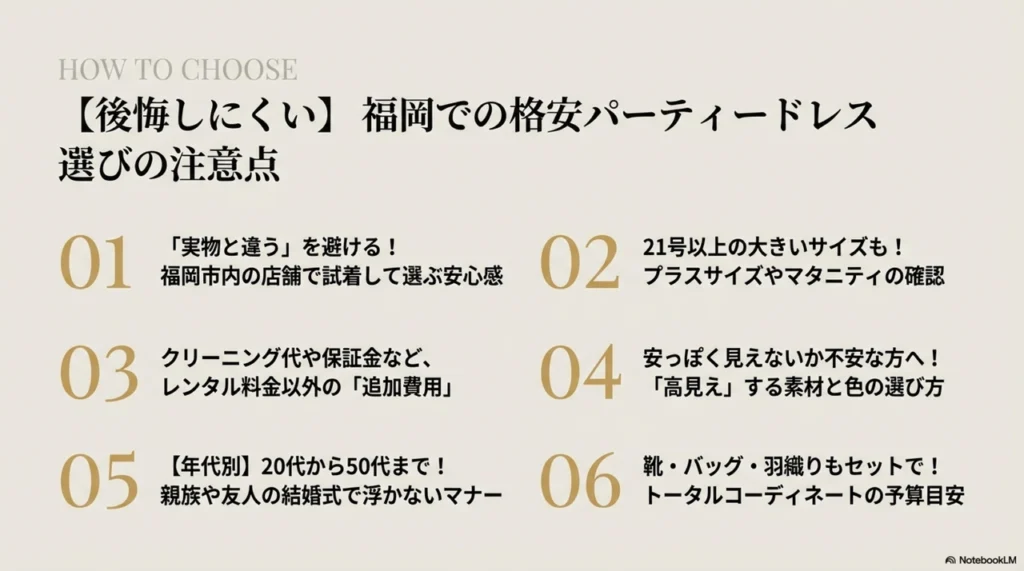 【後悔しにくい】福岡での格安パーティードレス選び！サイズ・マナー・追加費用の注意点