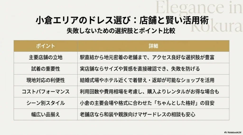 小倉で選ぶパーティードレス：賢い店舗選びとレンタルの極意