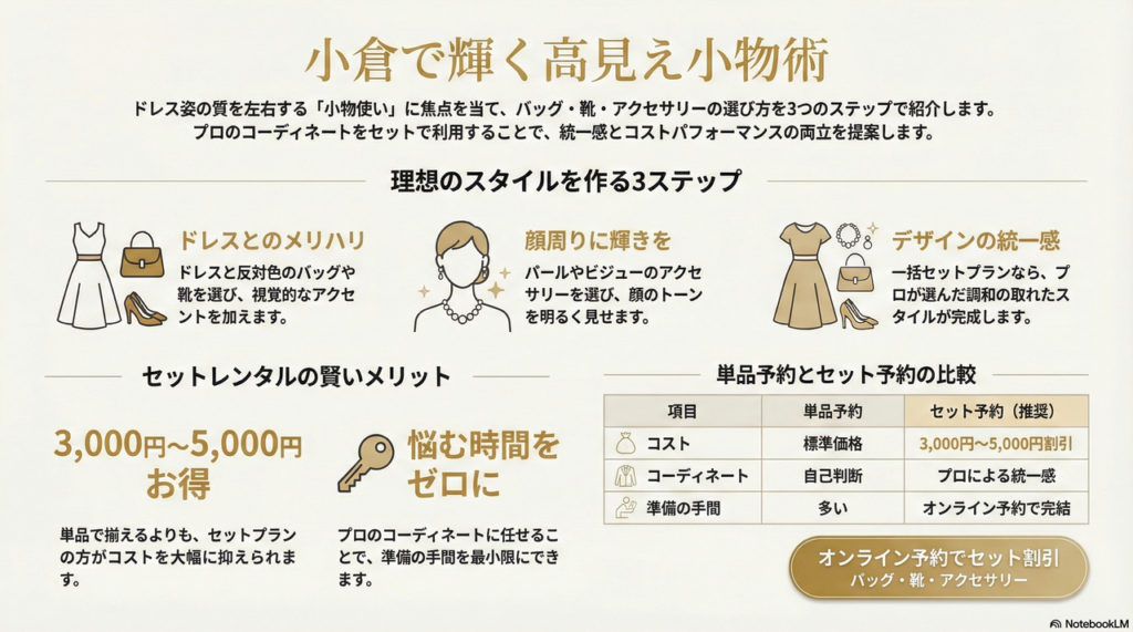 「高見え」を狙うなら小物使いが鍵！バッグ・靴・アクセサリーのレンタル併用術