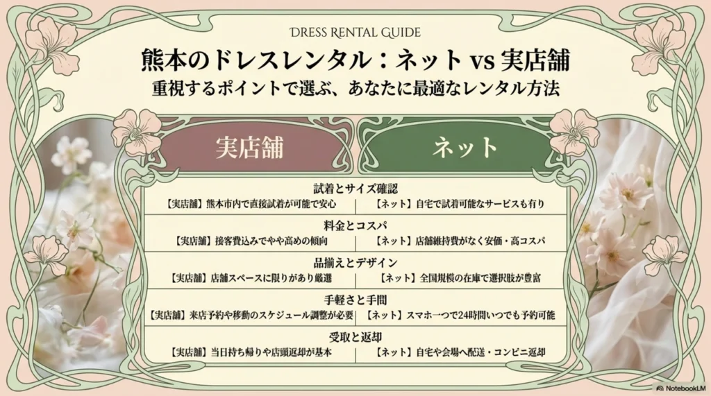 熊本のパーティードレスレンタルは「ネット」と「実店舗」どちらがおすすめ？