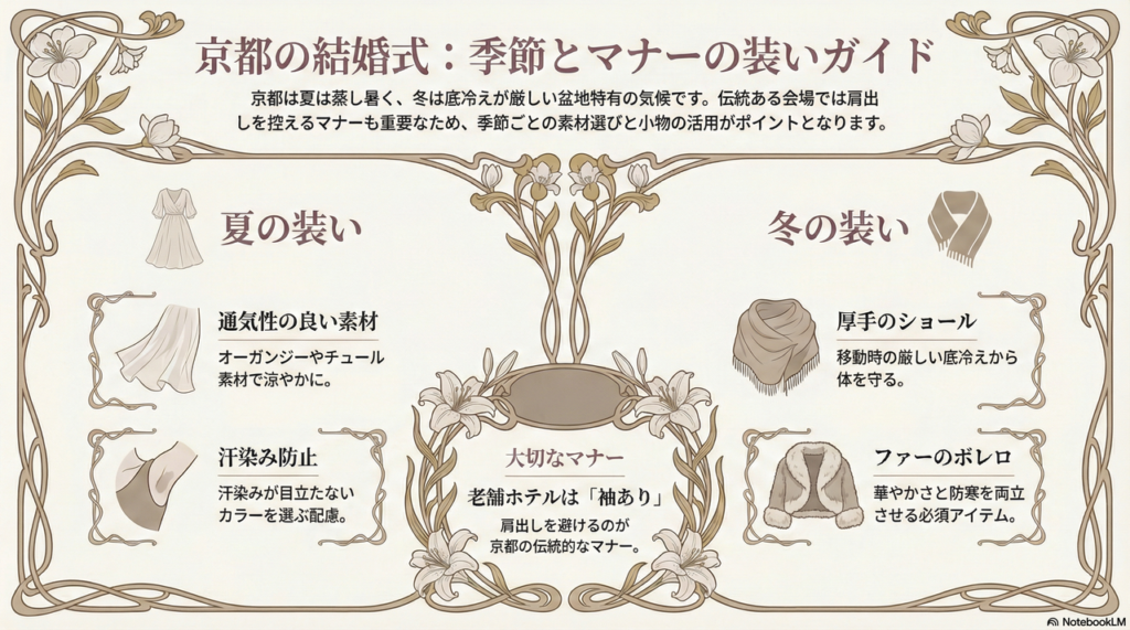 京都特有の結婚式マナーや気候に合わせたドレス選びの注意点