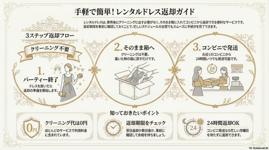 クリーニング不要で返却OK?コンビニから発送できるレンタルドレスの返し方