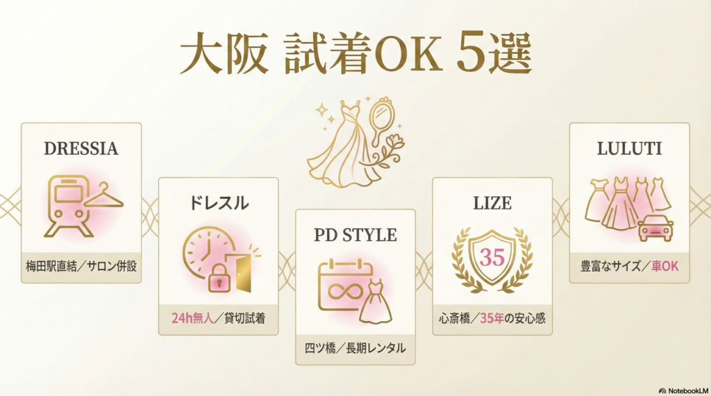 【試着可能】大阪市内の主要なドレスレンタルショップ5選とそれぞれの特徴