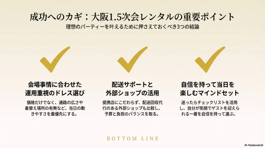 大阪での1.5次会ドレスレンタルを成功させるための重要ポイントまとめ