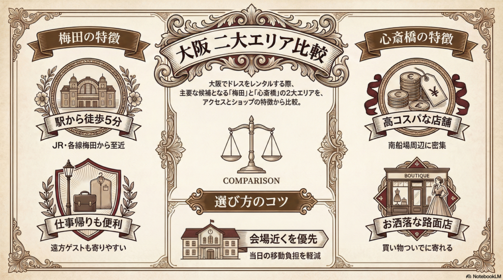 大阪市内の2次会ドレスレンタル事情：梅田・心斎橋のショップアクセス情報