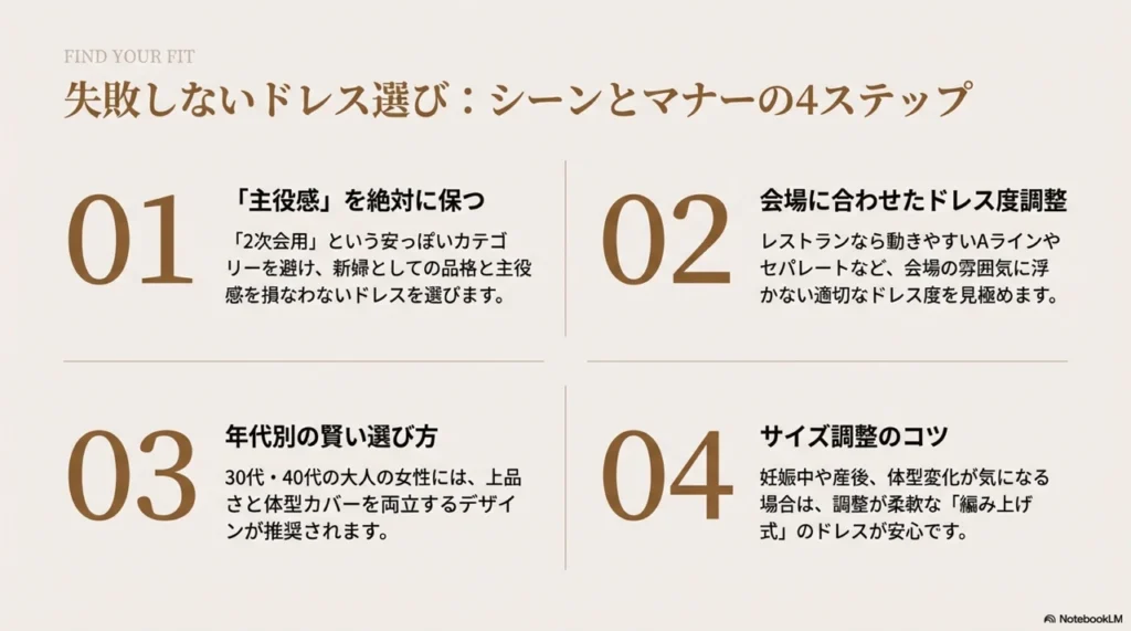 【目的・シーン別】大阪での2次会ドレス選び：主役の格付けと服装マナー