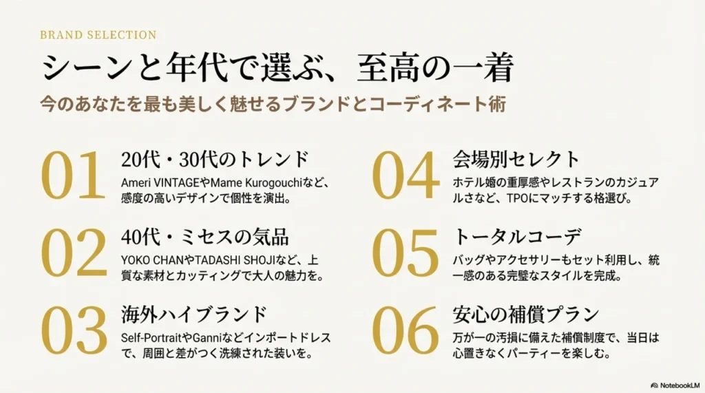 利用シーン・年代別に見る高級ブランドのパーティードレスレンタル活用術