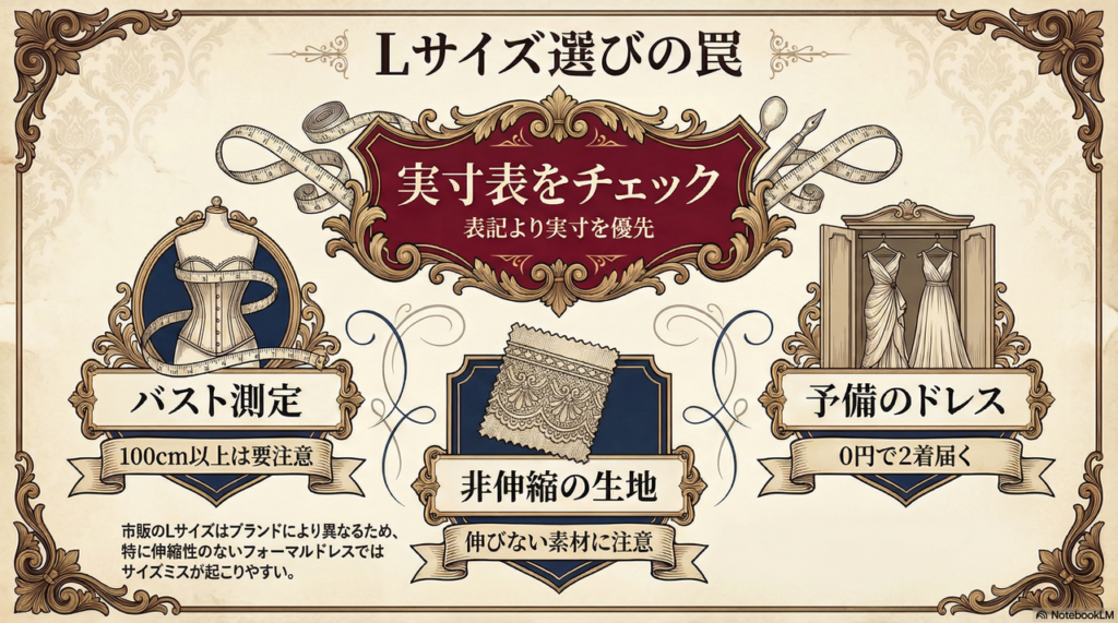 「L」の表記を信じすぎない！バスト・ウエスト・ヒップの「実寸表」をチェックしましょう
