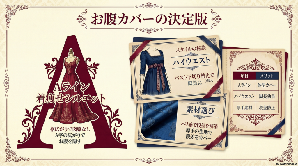 【お腹周り・ウエスト】肉感を拾わない「Aライン」や「高め切り替え」のデザイン