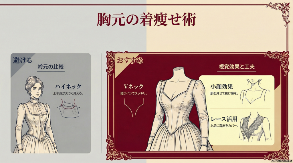 【グラマーさん】胸が強調されすぎずスッキリ見える「Vネック」や「スクエアネック」