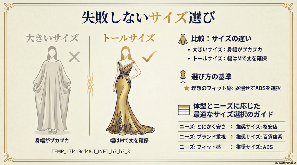 「大きいサイズ」と「トールサイズ」の違い：幅広ドレス選びで後悔しにくいコツ
