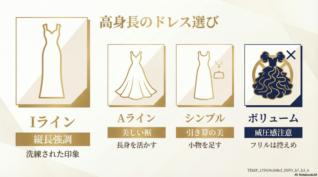 スタイルの良さを引き立てる：Iライン・Aラインシルエットで縦のラインを美しく