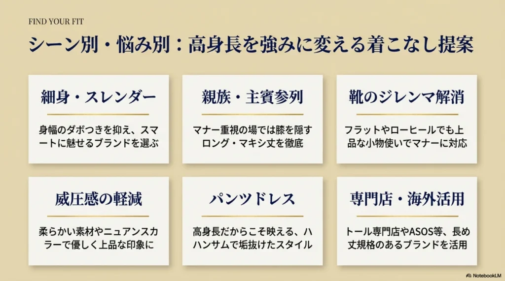 【お悩み・シーン別】高身長を強みに変えるパーティードレスレンタルの着こなし提案