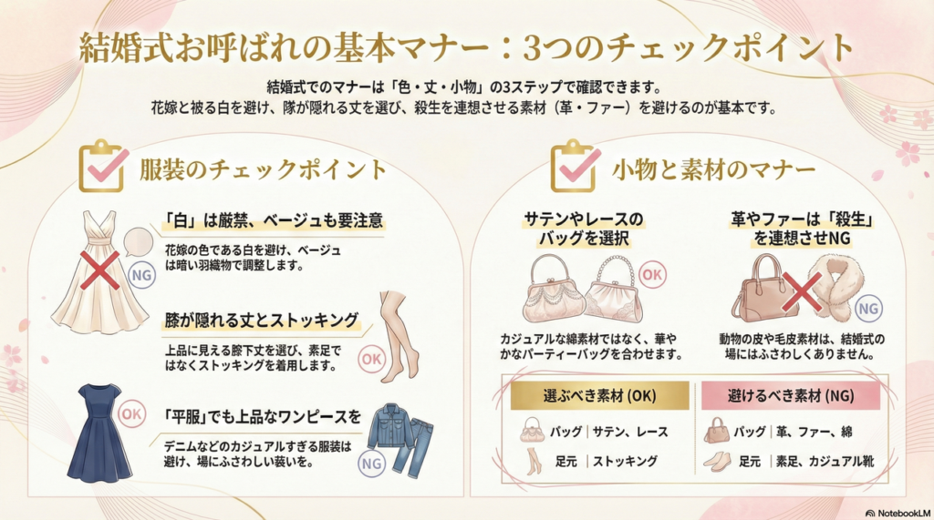 結婚式お呼ばれの基本マナー。NGな色や小物選び、安いドレスは失礼?