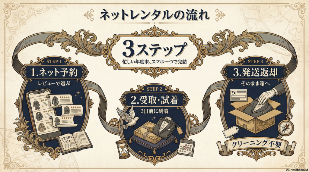 多忙な年度末でもスムーズ！ネットレンタルの予約・試着・返却の流れ