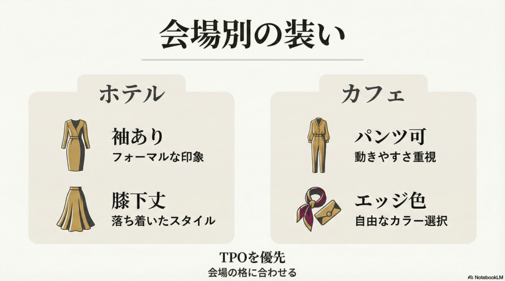 【会場タイプ別】ホテルからカフェまで会場の雰囲気に合わせた服装マナー