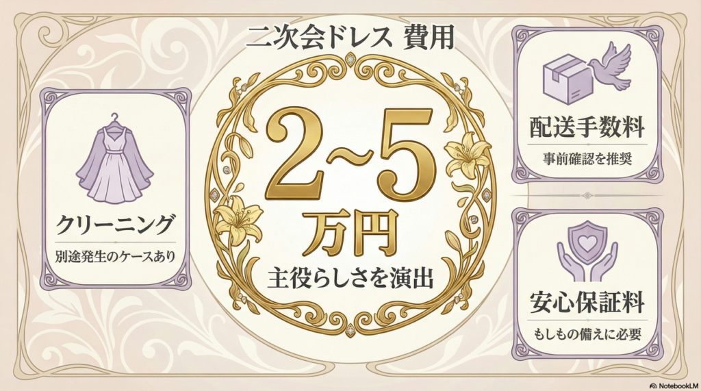 2次会用レンタルドレスの費用相場は2万円〜5万円。追加料金の落とし穴に注意