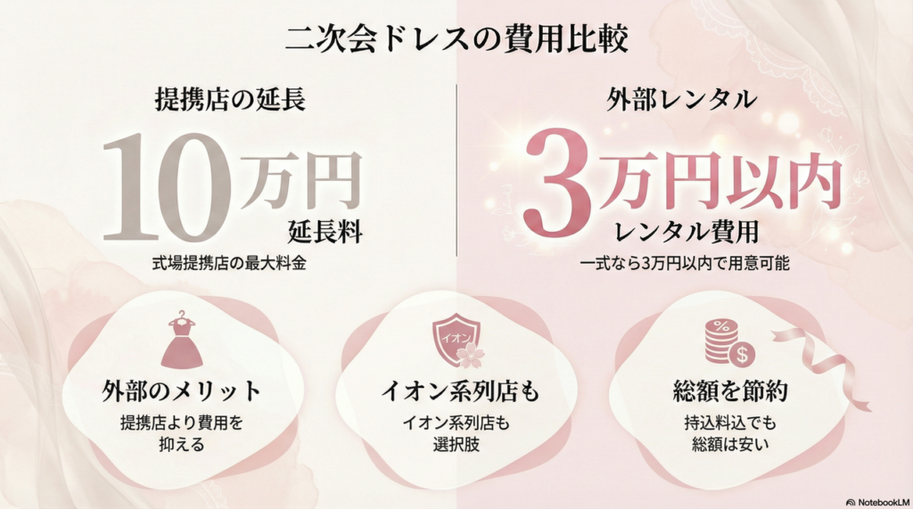 「式場提携店での延長料」と「外部レンタル」の費用差を損得勘定