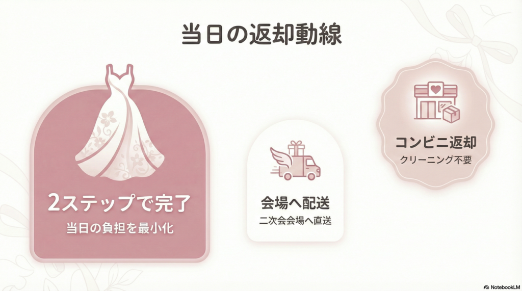 披露宴会場から二次会会場へ. 当日の効率的な着替え・返却の動線ガイド